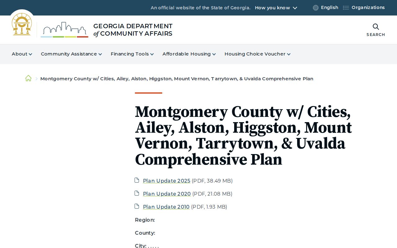 Georgia planning page listing Ailey with Montgomery County cities