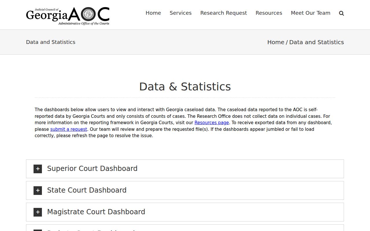 Georgia Courts data page explaining limits of court statistics used for Higgston research