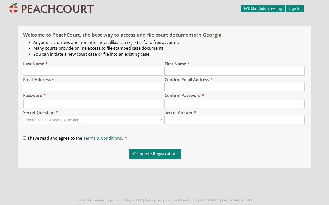 PeachCourt registration form for Montgomery County case search access