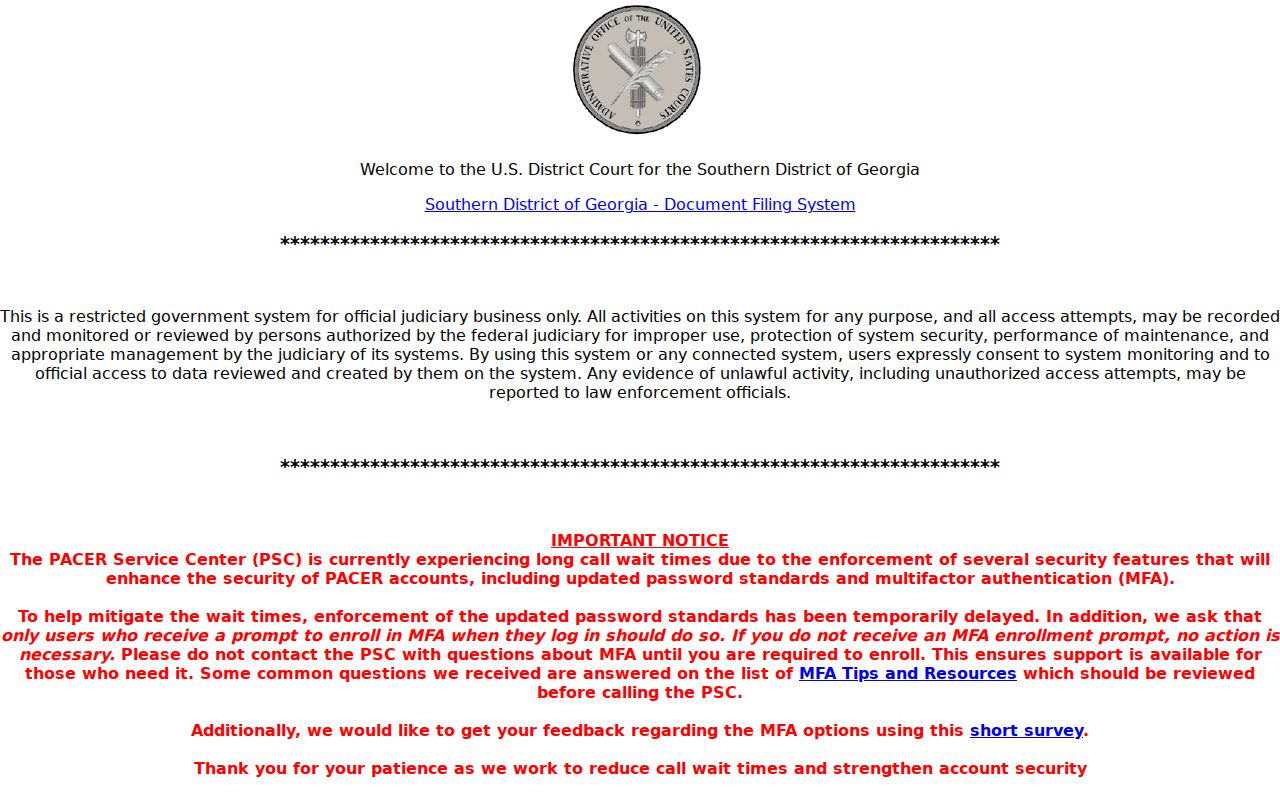 Southern District of Georgia CM ECF page for federal civil filings