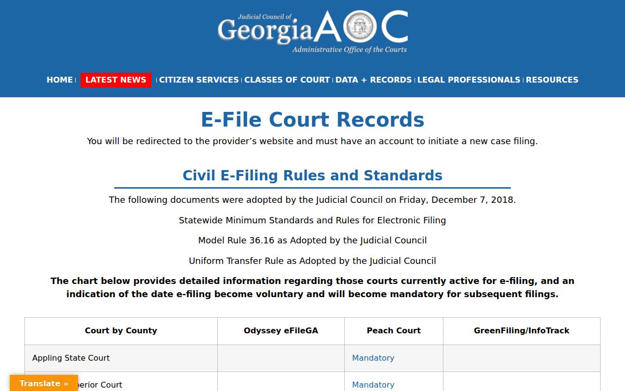 Georgia e-file directory showing PeachCourt for Montgomery County Superior civil filings