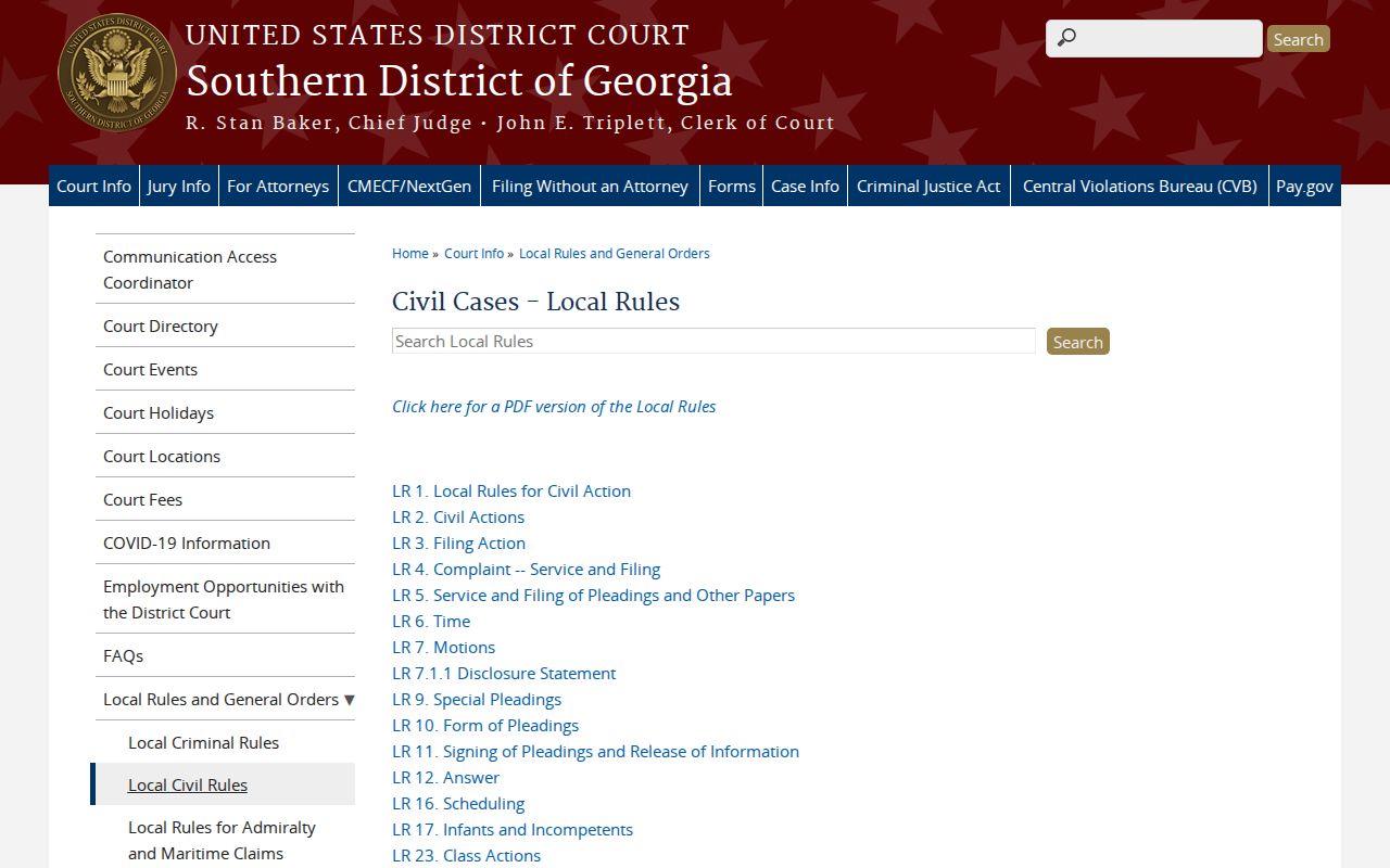 Southern District of Georgia civil local rules page for federal calendar context