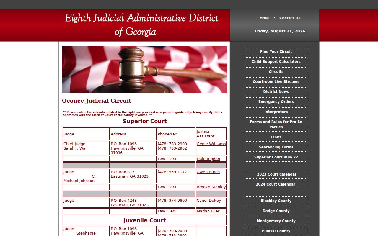 Oconee Judicial Circuit directory and court calendar warning for Montgomery County