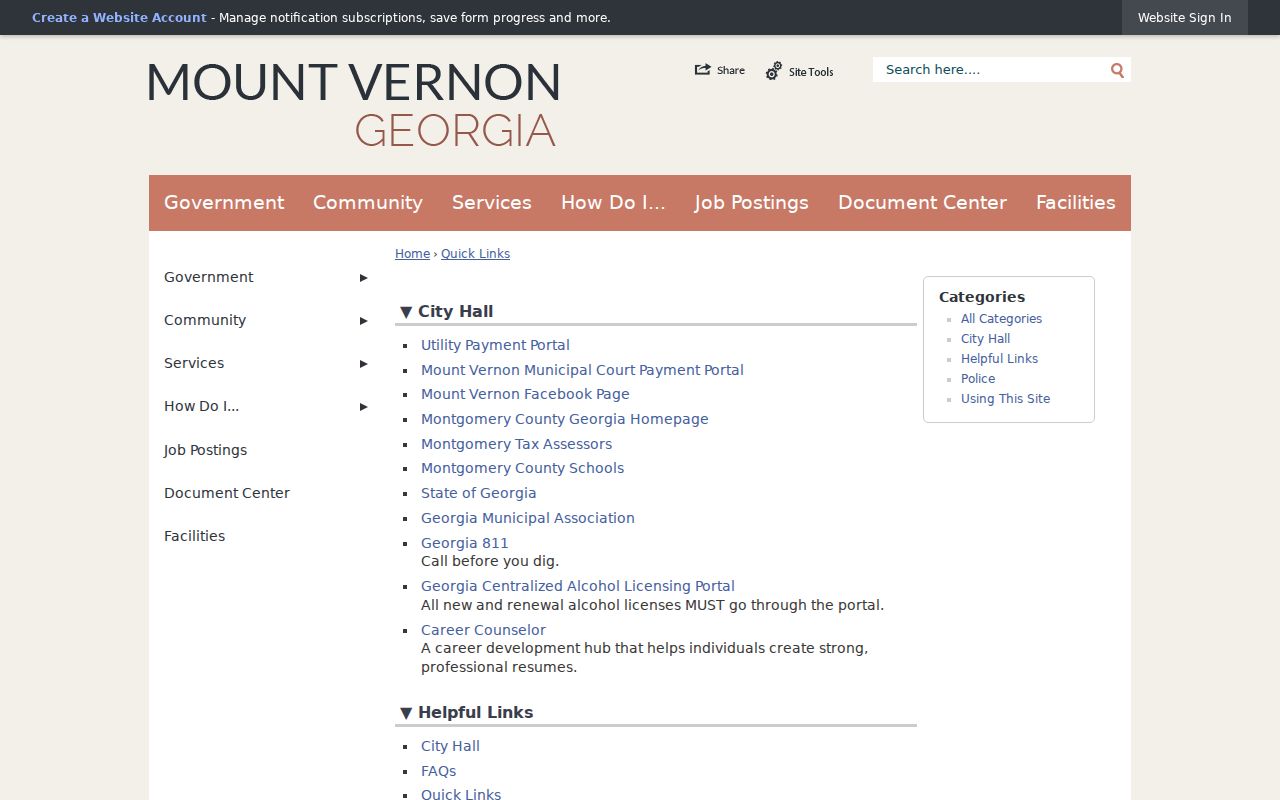 Mount Vernon Quick Links page showing the JusticeONE city citation route