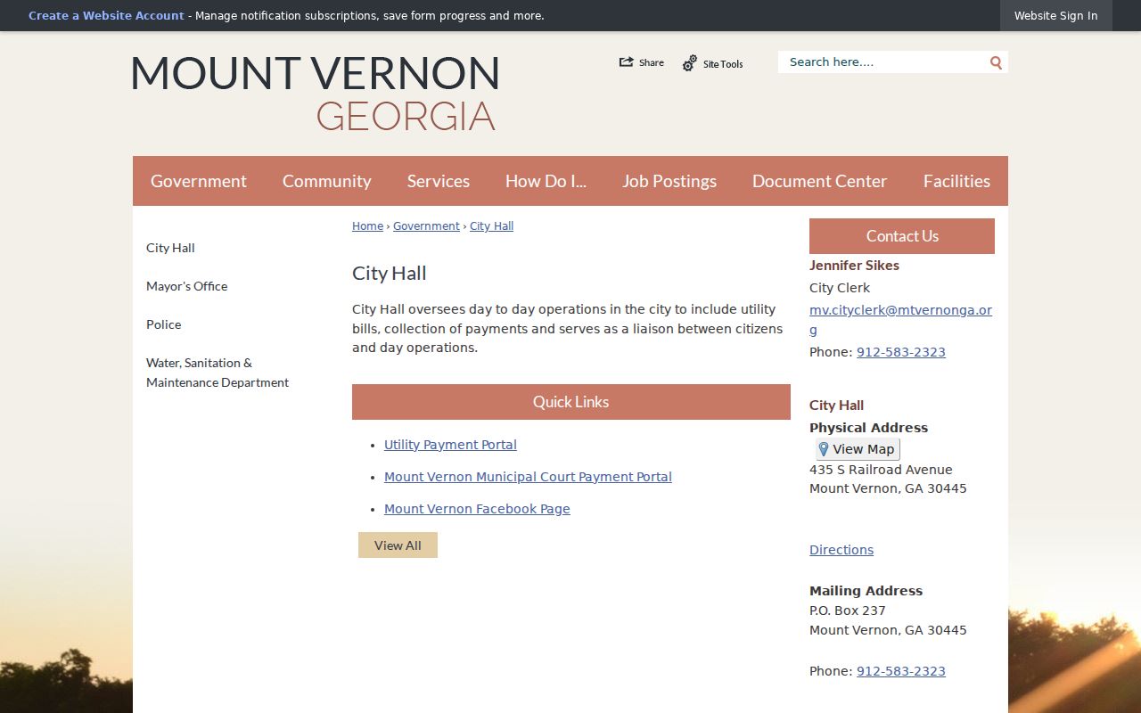 Mount Vernon City Hall page with municipal court payment access