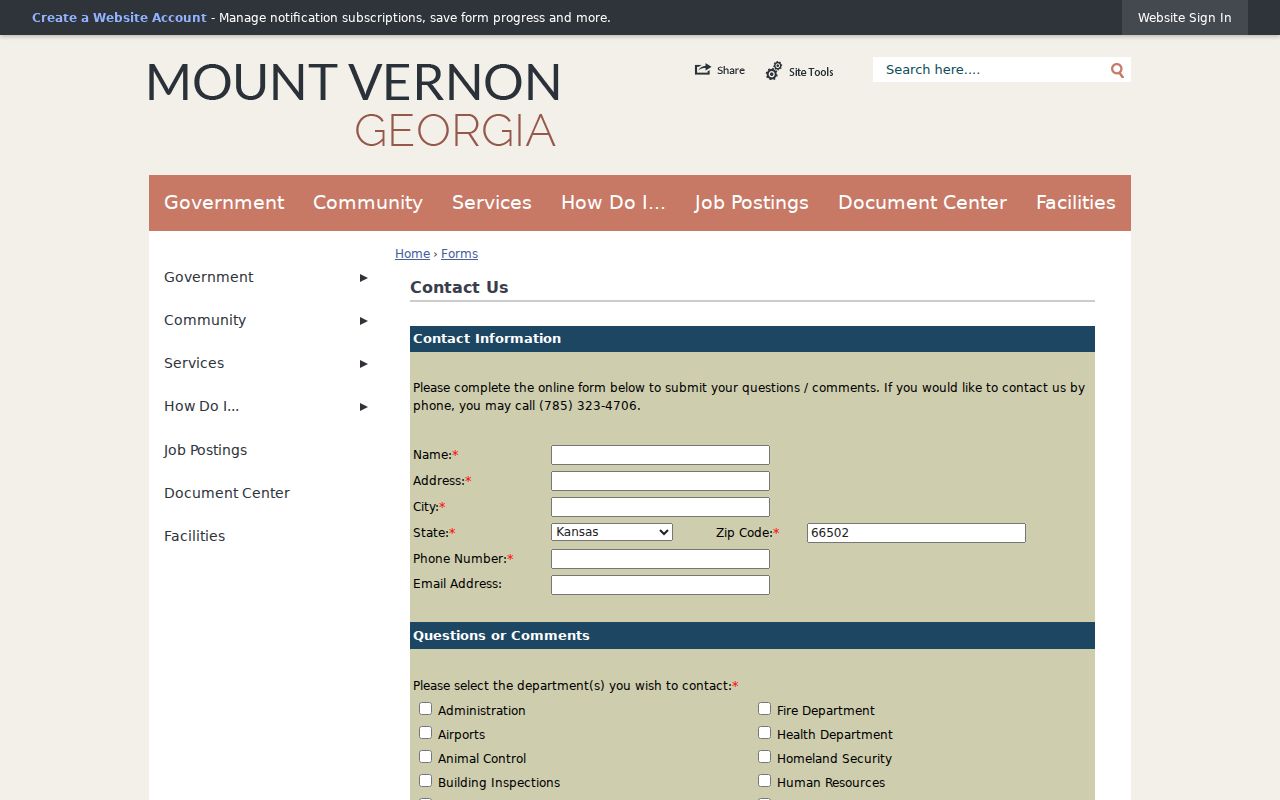 Mount Vernon contact form with court clerk and municipal court routes